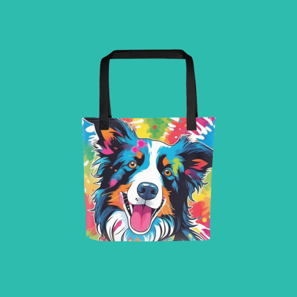 Custom border collie tote bag from PugMug, hippie border collie art