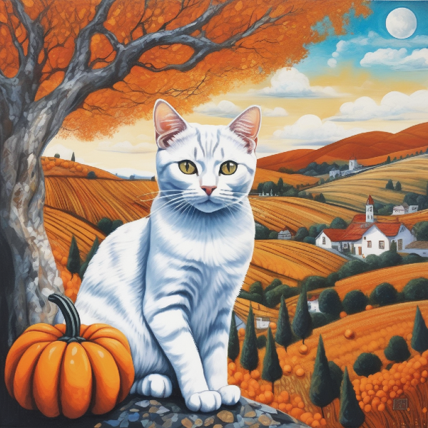 AI portrait of white American shorthair cat in a pumpkin field, AI cat art from PugMug