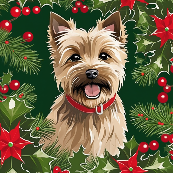 Custom Christmas portrait of cairn terrier from PugMug, Christmas cairn terrier surrounded by wreaths and holly