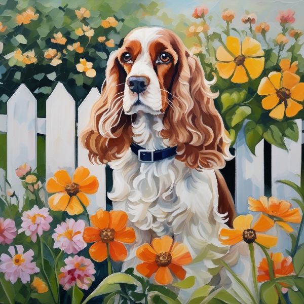 Custom English cocker spaniel art from PugMug, AI art of English cocker spaniel by a fence