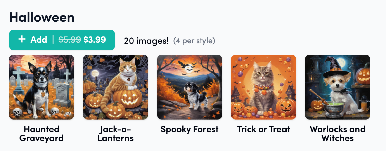 Five Halloween-themed pet art styles from PugMug: Haunted Graveyard, Jack-o'Lanterns, Spooky Forest, Trick or Treat, Warlocks and Witches