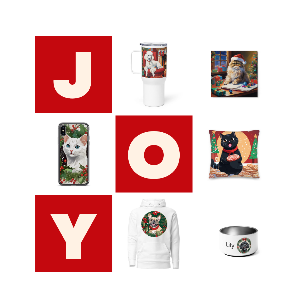 Collage of Christmas-themed custom pet products from PugMug: custom pet poster, custom pet tumbler, custom pet iPhone case, custom pet hoodie, custom pet bowl