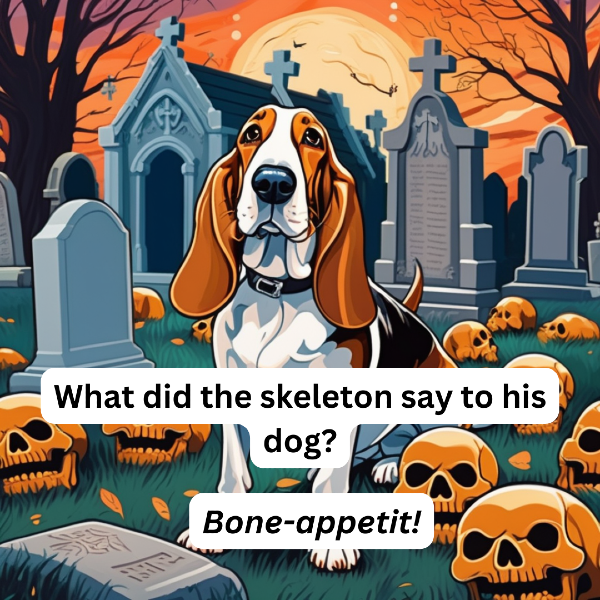 AI basset hound art, portrait of basset hound in graveyard surrounded by skulls, joke: "What did the skeleton say to his dog? Bone-appetit!"