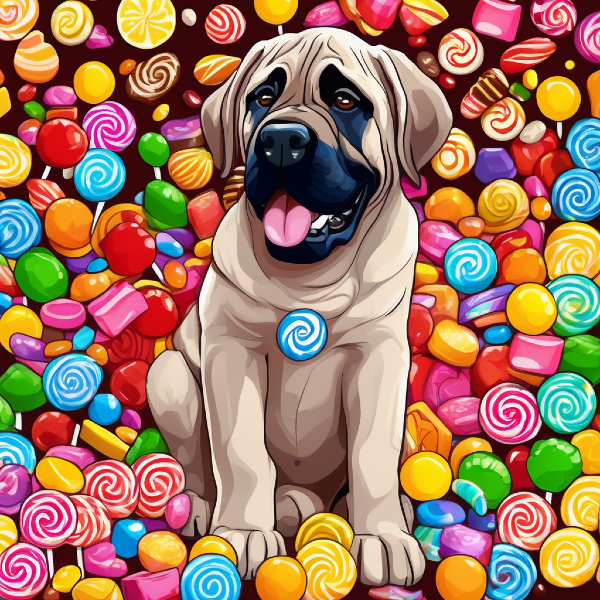 Custom mastiff portrait from PugMug, AI dog art of mastiff surrounded by candy