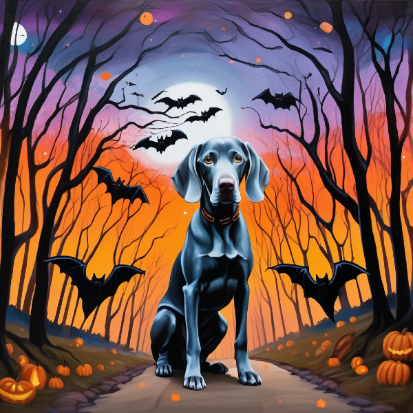 Custom weimaraner Halloween portrait from PugMug, AI Halloween art of weimaraner dog on a spooky forest trail