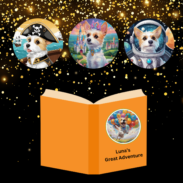 "Luna's Great Adventure" book with a dog named Luna on the cover, with a pirate, fairy tale, and space portrait of Luna above the book