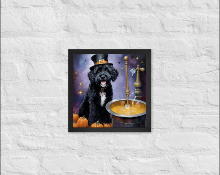 Custom framed print of Portuguese water dog as a warlock with a cauldron and pumpkins, Halloween custom dog art from PugMug