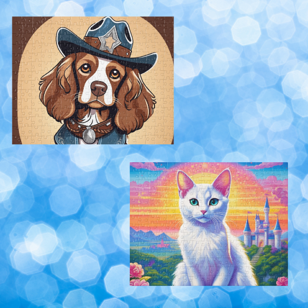 Two custom jigsaw puzzles on a blue background: custom dog cowboy jigsaw puzzle and custom white cat fairy tale jigsaw puzzles, AI art from PugMug.ai