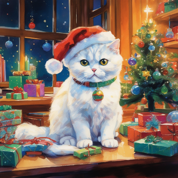 Custom cat art of White Scottish Fold Cat from PugMug, AI portrait of White Scottish Fold cat wearing a Santa hat by a Christmas tree