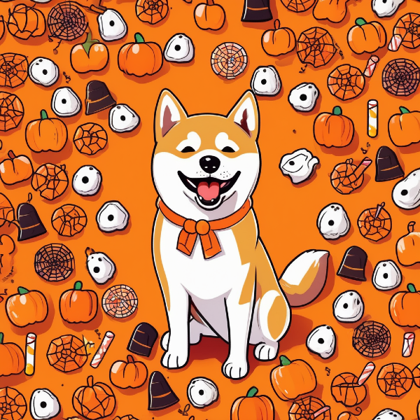 AI shiba inu Halloween portrait from PugMug, happy shiba inu surrounded by Halloween candy