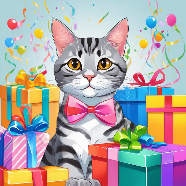 Custom cat art from PugMug, AI portrait of Tabby American Shorthair Cat surrounded by presents