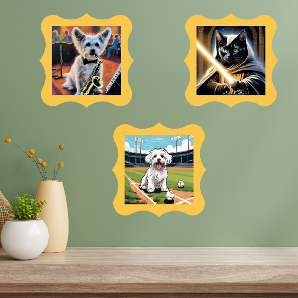 Three custom wall art paintings with AI pet art from PugMug: dog playing saxophone, cat with light saber, dog with baseball