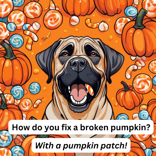 Custom Halloween mastiff art from PugMug, text on image: How do you fix a broken pumpkin? With a pumpkin patch!