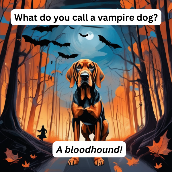 AI bloodhound art from PugMug, portrait of bloodhound in a Halloween forest, joke: "What do you call a vampire dog?" "A bloodhound!"