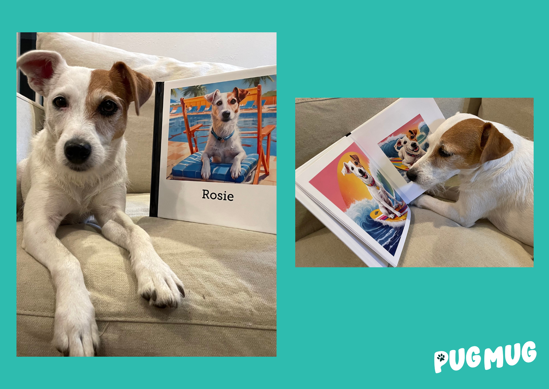 Rosie posing with her photo book, titled Rosie. Looking at AI dog portraits of herself surfing on the waves