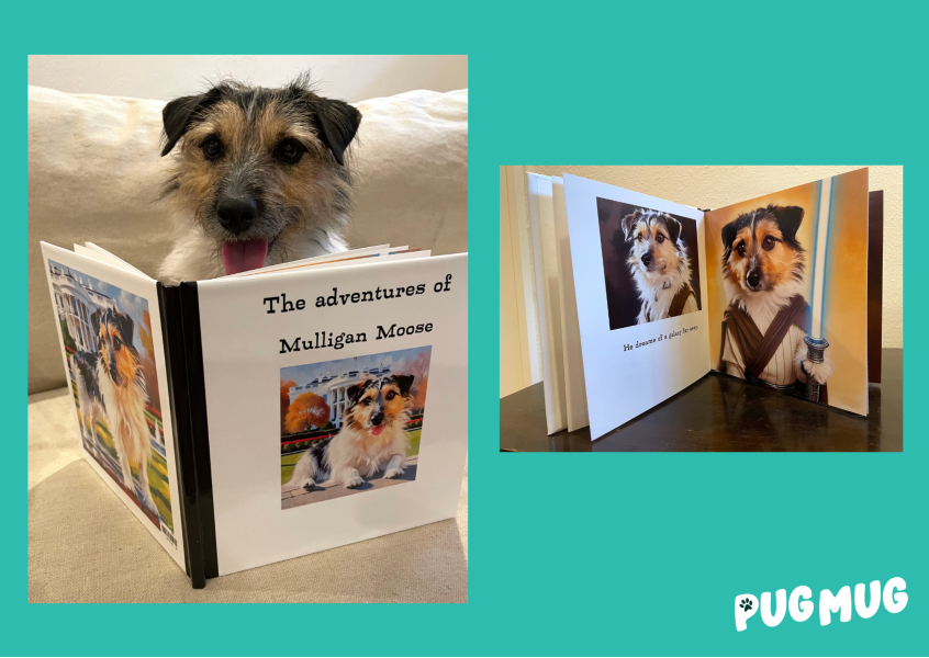 Photo Moose holding and reading a custom art book with AI dog portraits from PugMug, book titled "The Adventures of Mulligan Moose", featuring AI dog art of Moose in front of the White House and holding a light saber