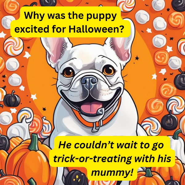 AI Halloween portrait of white french bulldog, joke: "Why was the puppy excited for Halloween? He couldn't wait to go trick-or-treating with his mummy!"