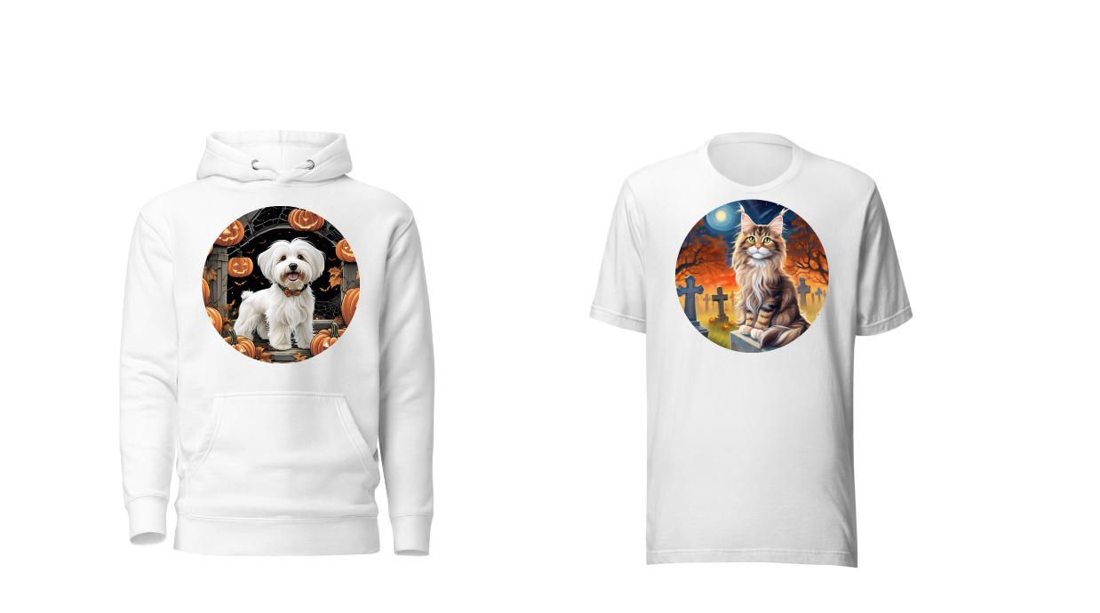 Halloween-themed custom dog hoodie and custom cat t-shirt from PugMug.ai