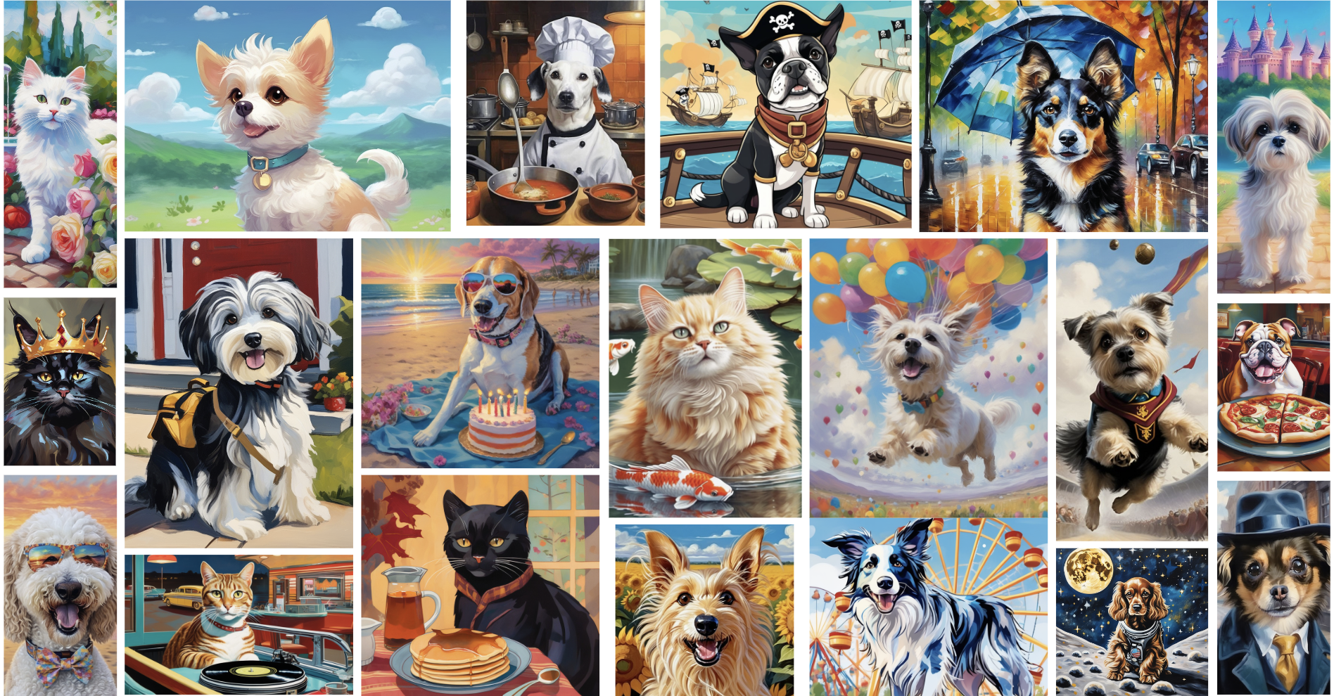 Collage of custom dog and cat art in a variety of art styles, AI pet art from PugMug