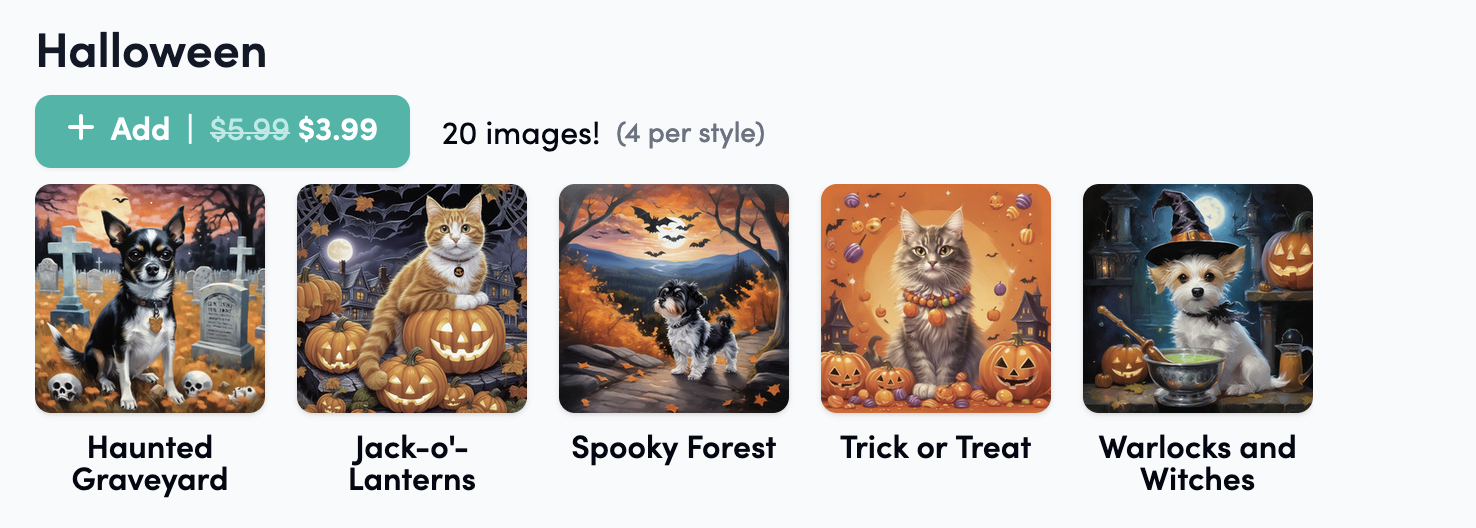 Five Halloween pet art styles from PugMug: Haunted Graveyard, Jack-o'-Lanterns, Spooky Forest, Trick or Treat, Warlocks and Witches