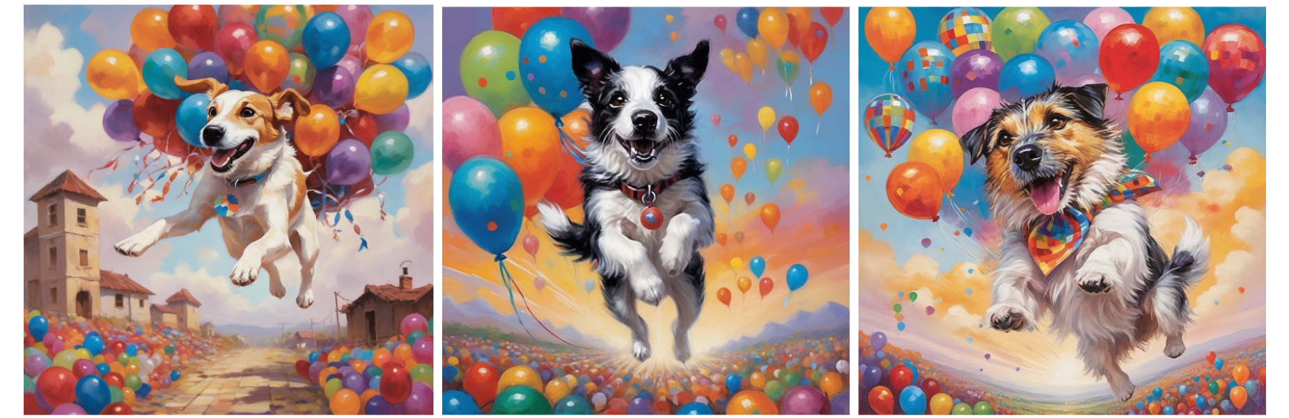 Three side-by-side AI dog portraits from PugMug of Rosie, Indy, and Moose floating among balloons in the sky