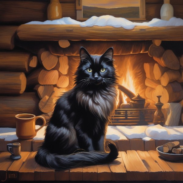 AI cat portrait from PugMug, custom AI art of a cozy black cat sitting by a winter fireplace