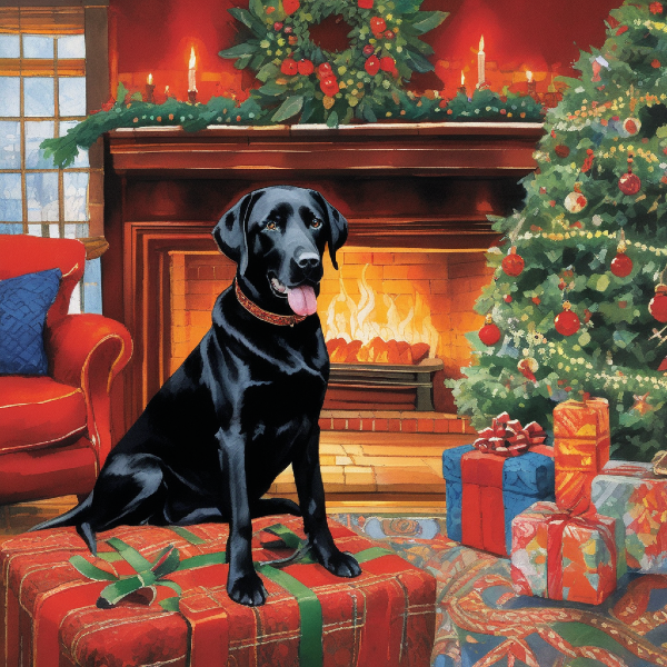 Custom black labrador Christmas art from PugMug, black lab Christmas portrait with fireplace, tree, and presents