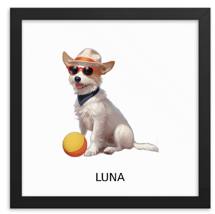 Custom dog portrait of a puppy at the beach with the name Luna written underneath, in a black frame, puppy wall art