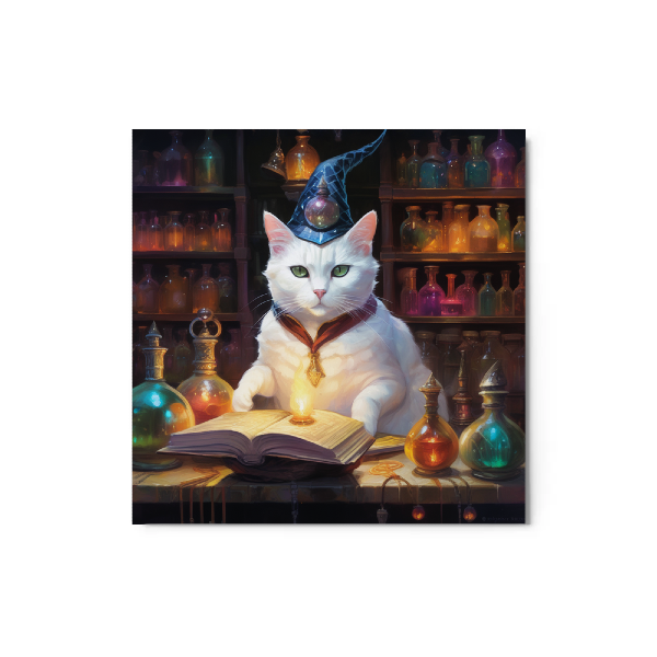 Wizard custom cat metal print of a white American shorthair cat as a wizard in a lab, fantasy cat portrait, AI cat art from PugMug