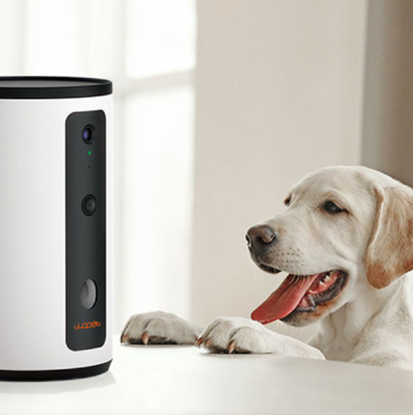 Interactive dog camera and treat dispenser from WOpet alongside a happy white lab