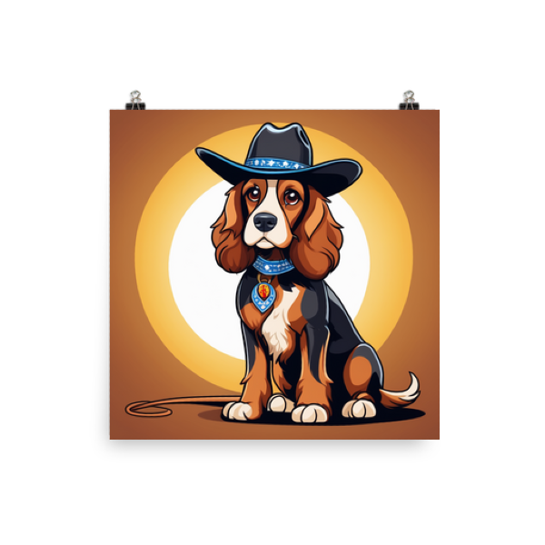 Poster featuring custom cocker spaniel art, AI dog poster from PugMug, cocker spaniel cowboy art