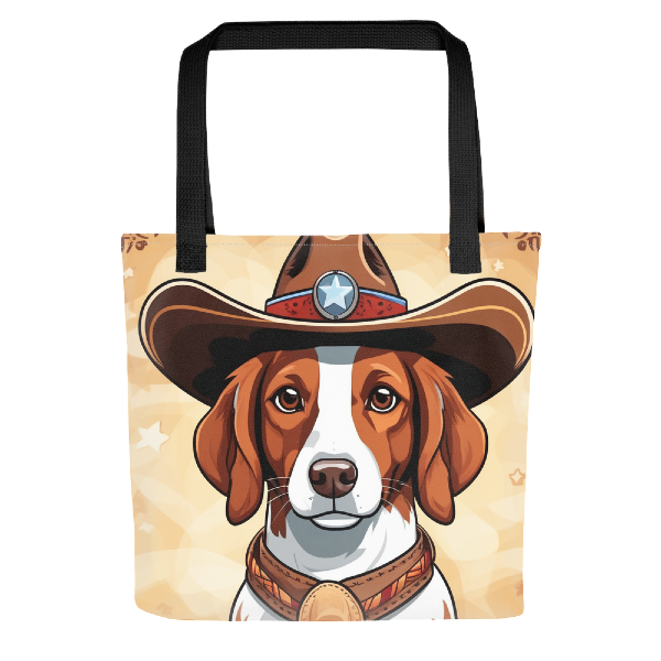 Custom brittany dog tote bag from PugMug, brittany dog as a cowboy, AI brittany dog art