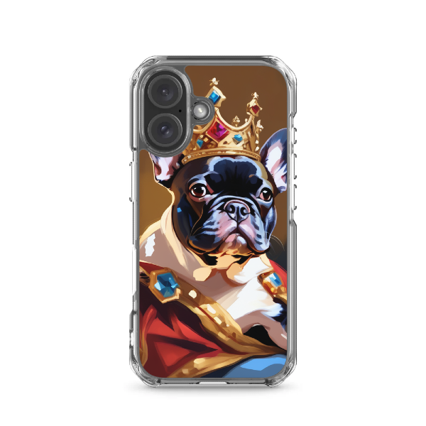 Custom bulldog phone case for iPhone 16 from PugMug, iPhone 16 custom dog phone case, royal portrait of black bulldog king