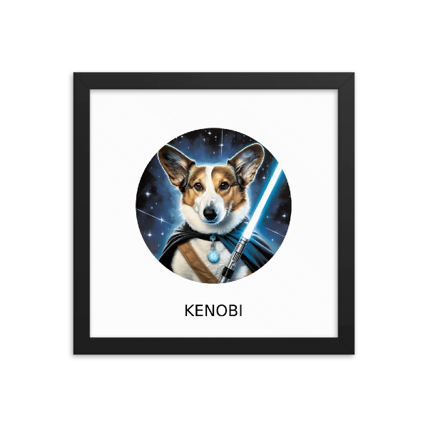 Custom dog framed print of a corgi as a Star Wars Jedi with a lightsaber, AI corgi portrait from PugMug, featuring the corgi's name Kenobi below the image