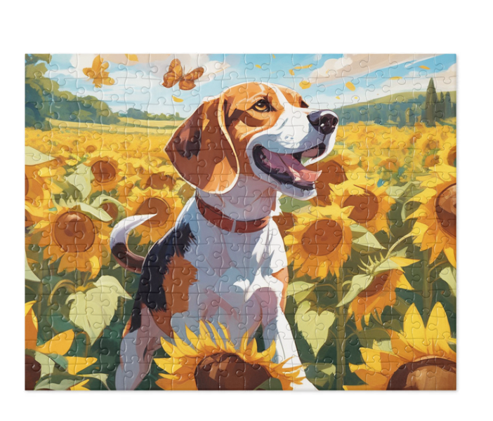 Custom beagle jigsaw puzzle with AI dog portrait of a young beagle running through a field of sunflowers