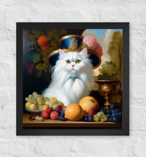 Framed print featuring custom white cat art, AI cat poster from PugMug, white British cat in Renaissance style