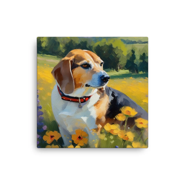 Custom beagle canvas, beagle among a field of flowers, impressionist beagle art, AI dog art canvas from PugMug