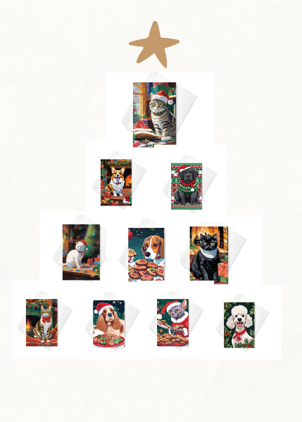 Collage of custom pet holiday cards from PugMug, various custom dog and cat Christmas cards with holiday art themes 