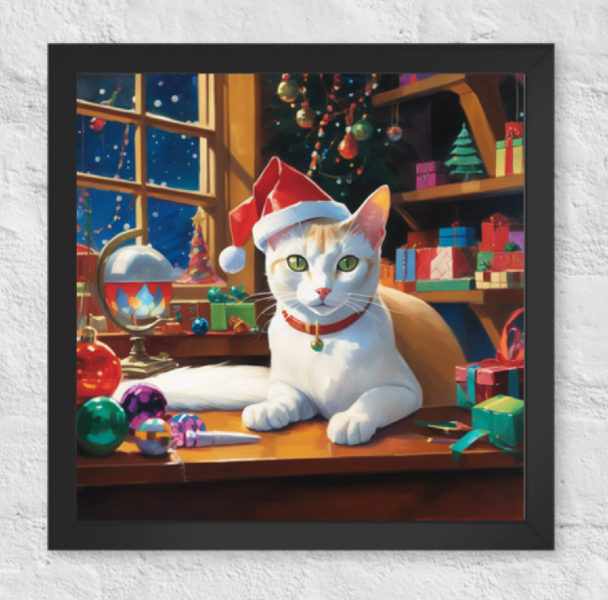 AI Christmas cat portrait from PugMug, custom cat framed print