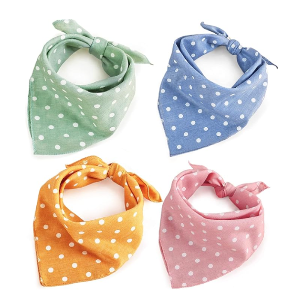 Four pet bandanas: green, blue, orange, and pink with polka dots