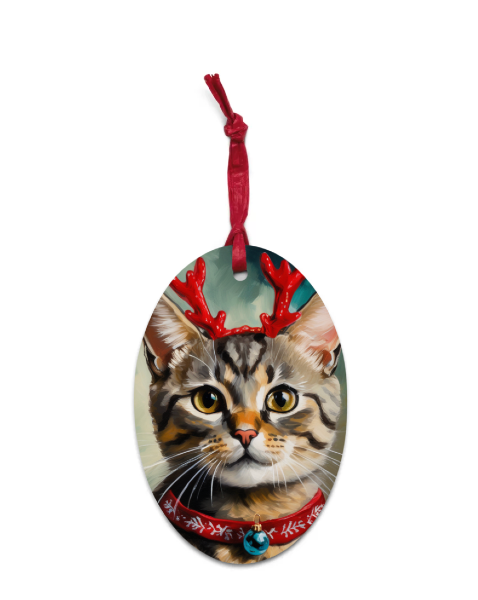 Custom cat ornament with AI portrait of a cat dressed as a reindeer