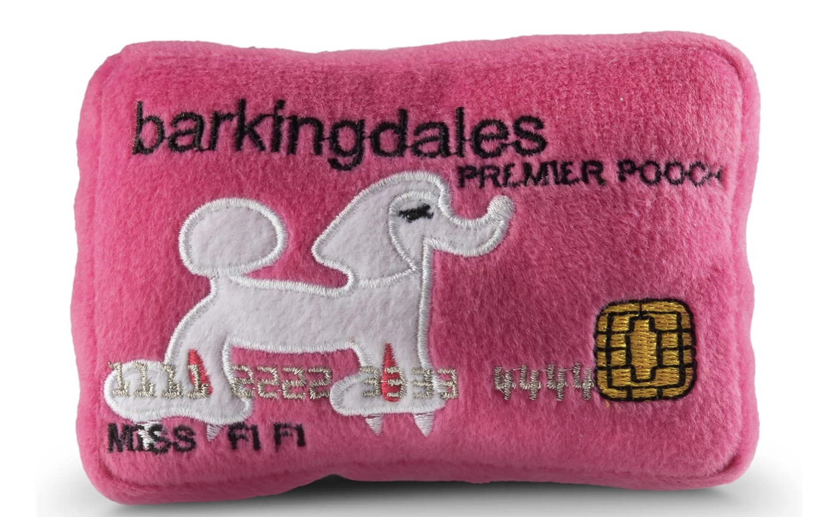 Photo of a pink stuffed Barkingdales Premier Pooch credit card toy