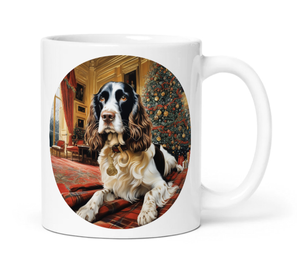 Custom cocker spaniel holiday mug, AI portrait of cocker spaniel by a Christmas tree in a mansion