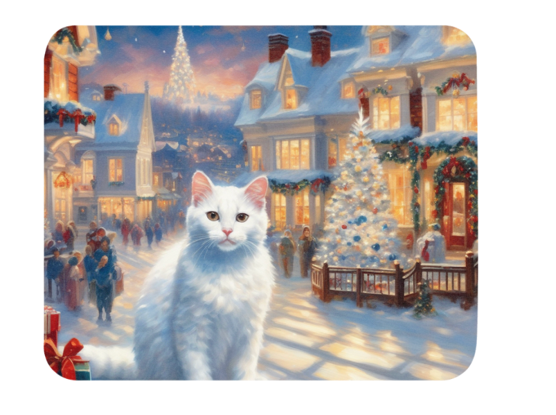 Custom white cat mouse pad with AI portrait of a white cat in a white snow-covered Christmas village scene