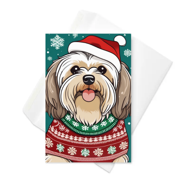 Custom dog greeting card from PugMug, happy fluffy dog wearing a santa hat Christmas card 