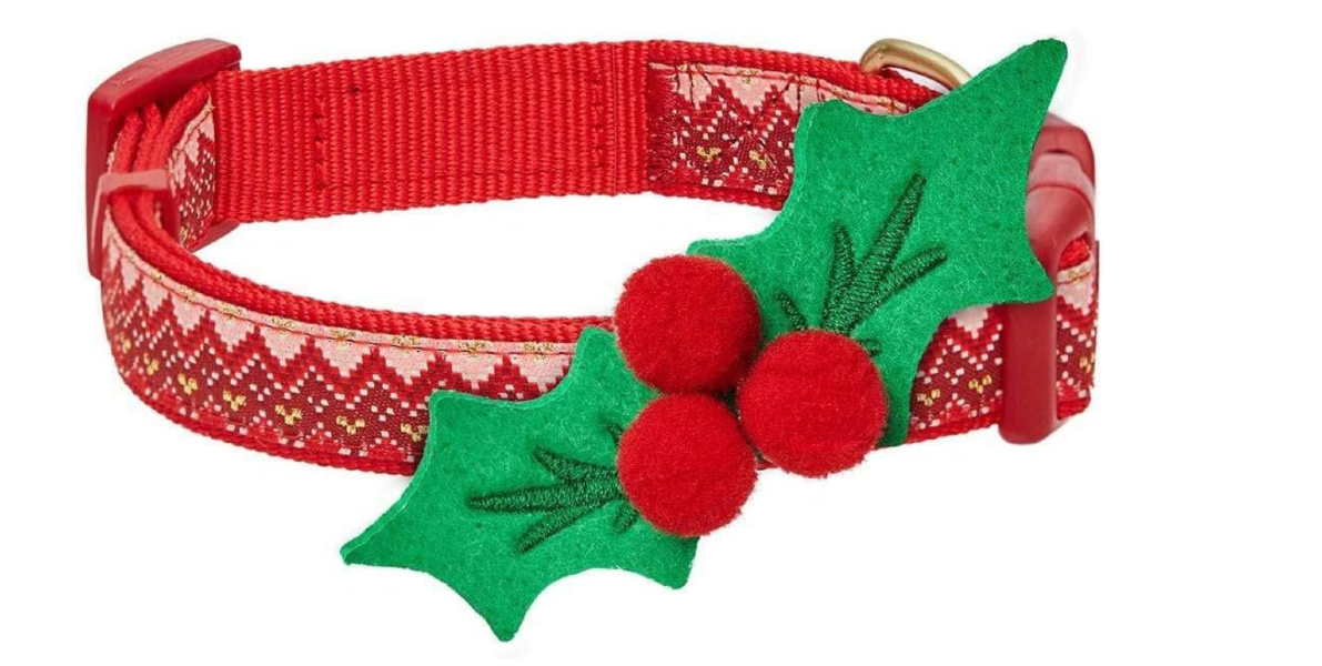 Red Christmas pet collar with holly and an adjustable strap