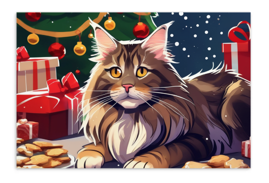 Cat Christmas card, custom Christmas card of Maine coon cat with Christmas cookies