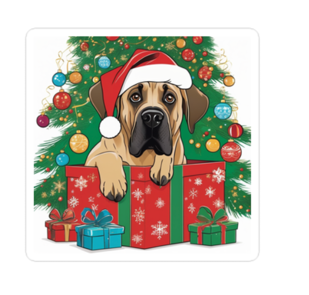 Custom mastiff sticker, AI art of cute mastiff popping out of a Christmas gift box, cute mastiff with santa hat