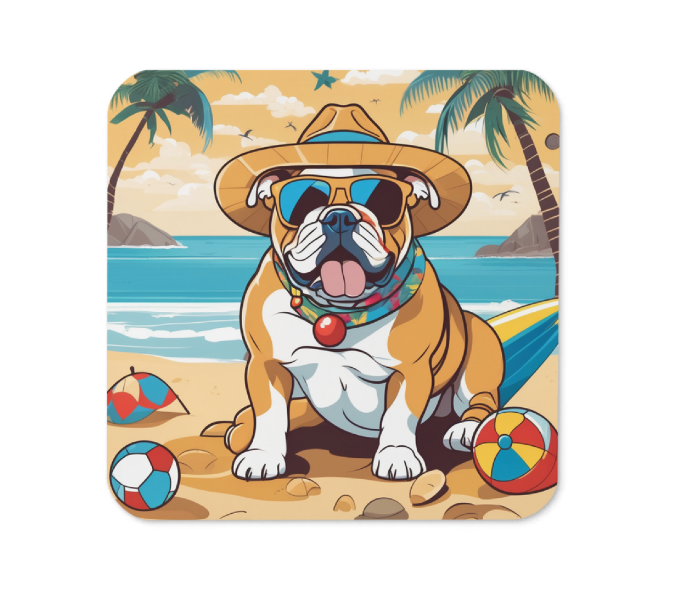 Custom bulldog coaster, cute AI portrait of a bulldog at the beach