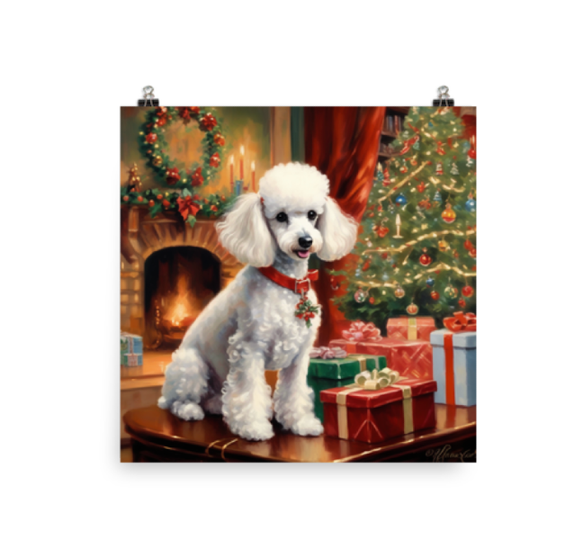 Custom poodle poster, AI art of white poodle by a vintage Christmas tree